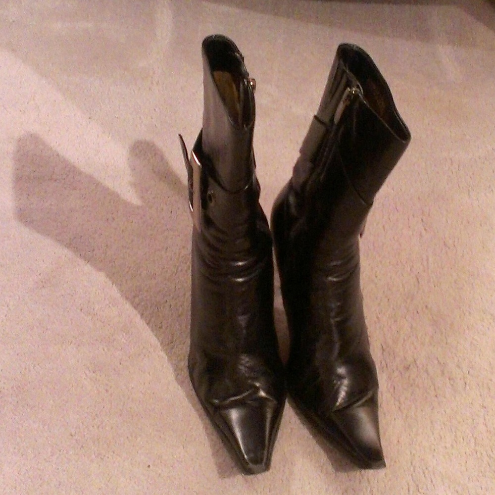 POPUSHIER- Black Studded Buckle Leather Booties !